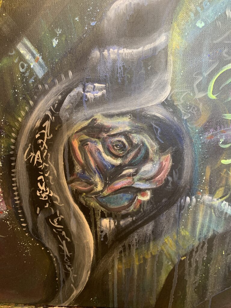 an artist log of the work in progress painting of the rose energing