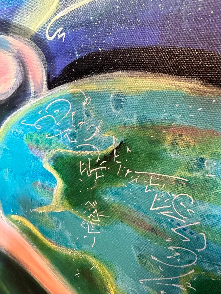 A view of a piece of art with subconscious codes scribbled on a globe