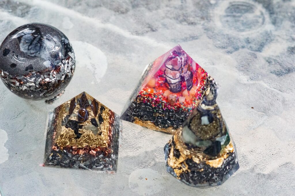 Orgone devices orgonites on table